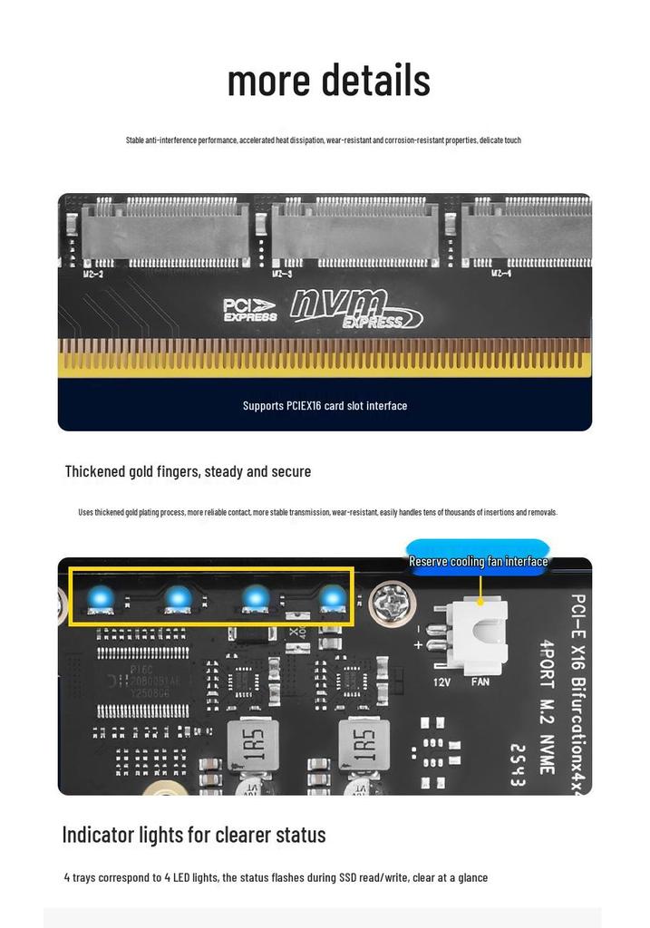 PCIe X16 Quad M.2 NVMe Expansion Card - 4-Bay RAID, Supports Software RAID, 2TB per Drive.