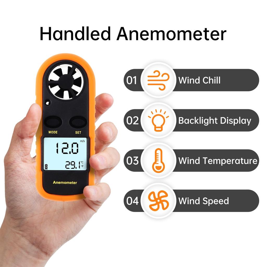 Smgda Digital Anemometer with Wind Speed and 5 Wind Speed Yellow Direction, 0-30m/s, Units, Backlight,