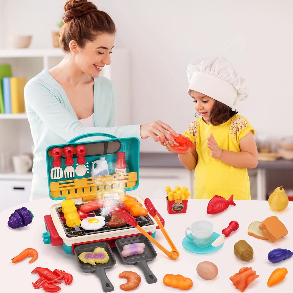 HOLYFUN Pretend Play BBQ Educational Cookware Pretend Birthday Gift Set, Toy, Toy, 43-Piece Set, Play, Cutting,