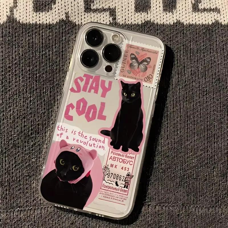 

Phone Case For iPhone 17 Pro Max 16 15 Pro 14 13 Mini 12 11 XR XS 17Air 16 Plus Creative Label Black Cat Clear Bumper Cover iPhone XS Max