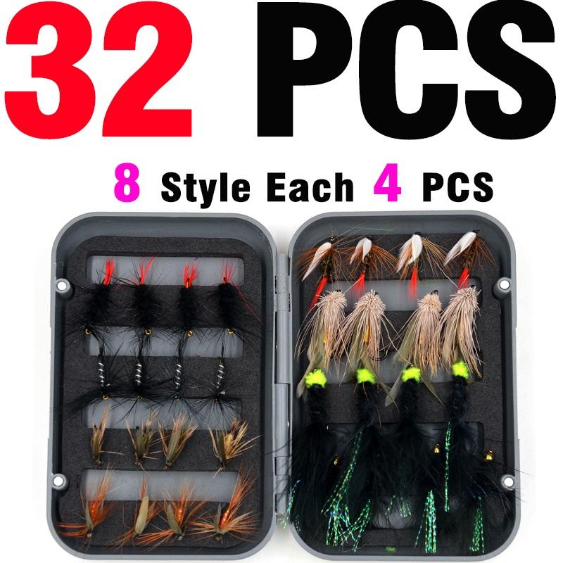 MNFT 32Pcs/Boxed Dry Fly Fishing Lure Dry Flies Fish Hook Lures Fishing Black Brown Wooly Bugger Streamer Fly Fishing Lures