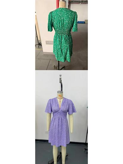 Summer Floral V-Neck Midi Dress with Pleated Skirt and Mid Sleeves