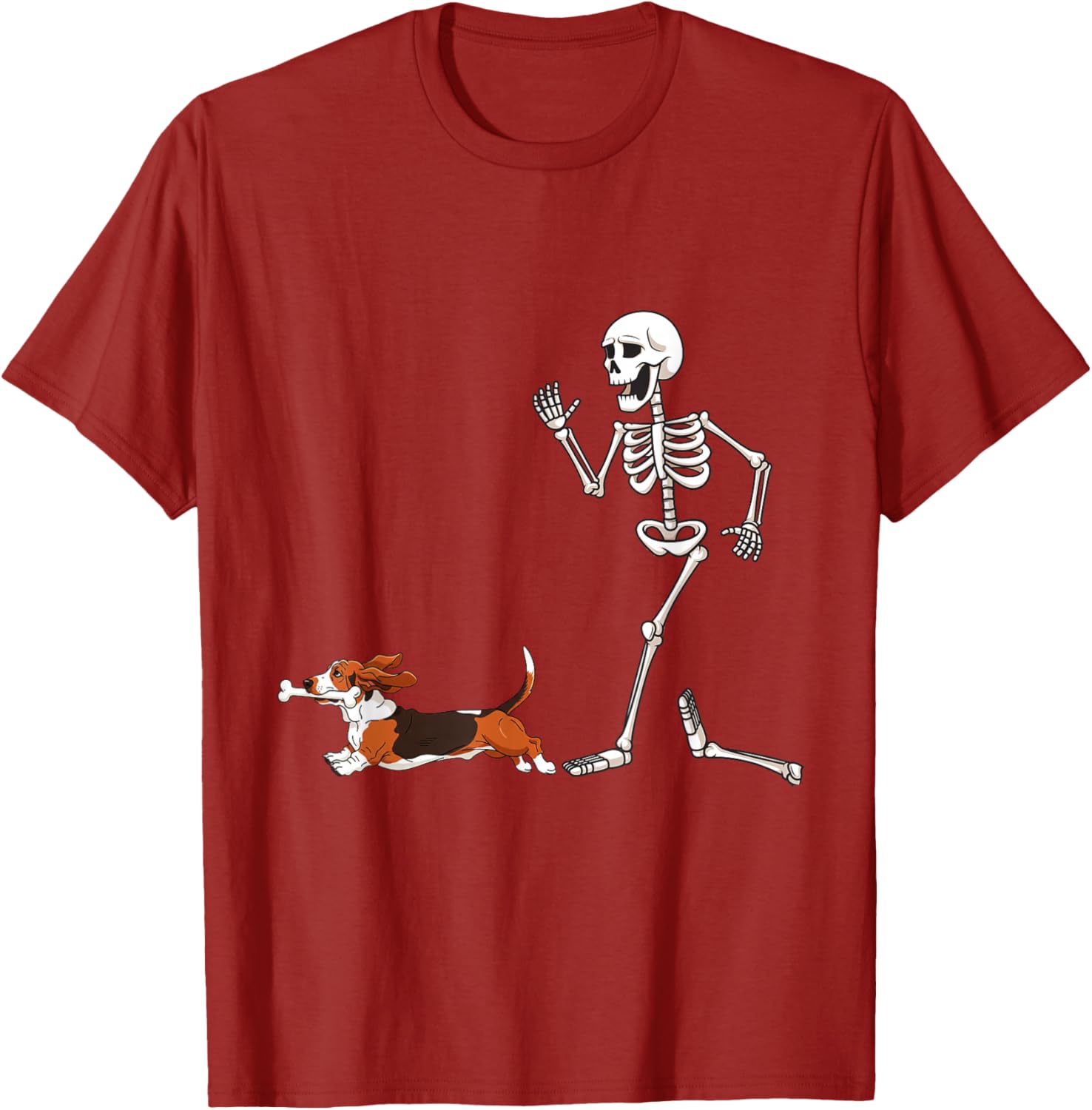 Skeleton Running After Basset Hound Graphic Tee Funny Halloween Dog Lover Casual Trip T-Shirt S