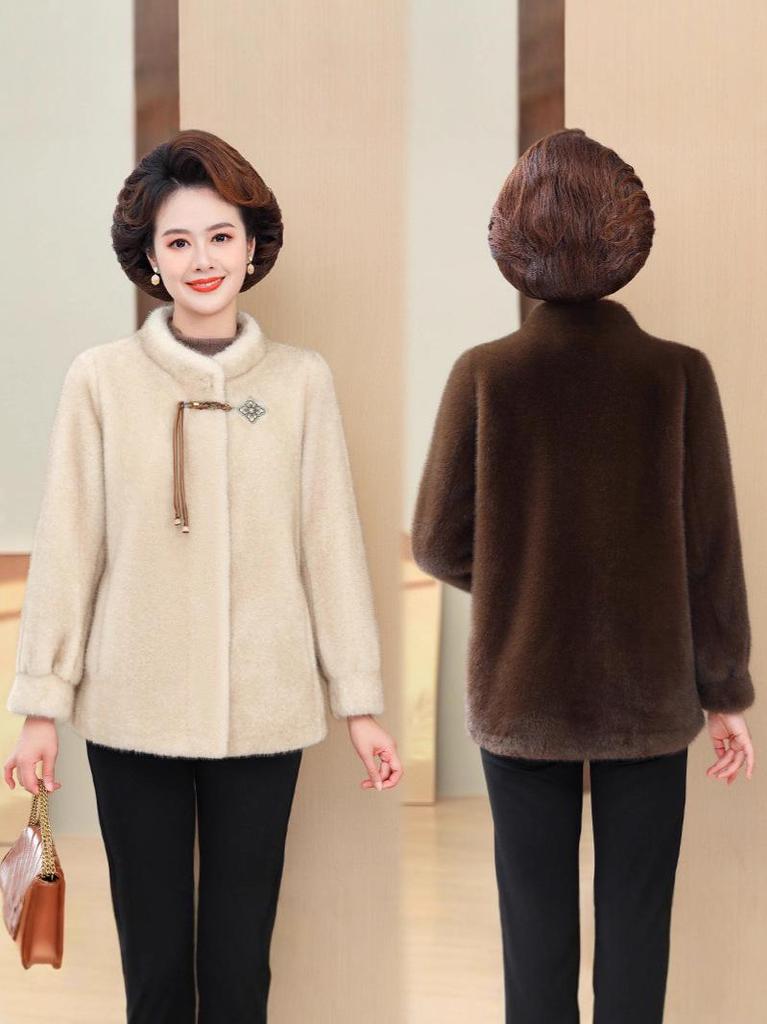 Elegant Short Winter Coat for Middle-Aged Women - Faux Mink Leather and Fur, New Chinese Style.