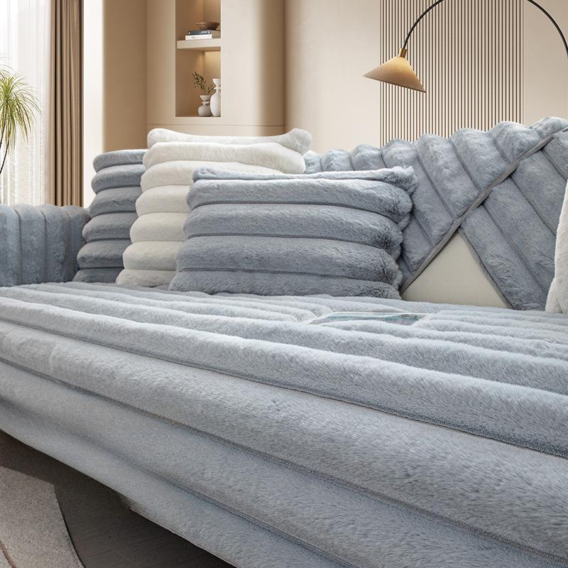 High-End Striped Winter Thickened Rabbit Plush Sofa Cushion Non-Slip New Solid Wood Cover Towel