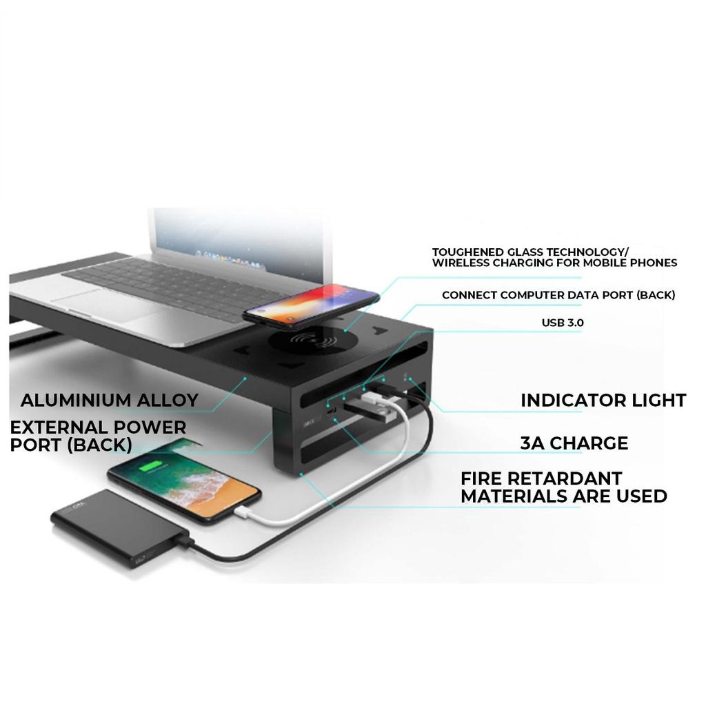 Aluminum Alloy Computer PC Laptop Base Wireless Phone Charging Smart Base Stand With USB 3.0 Port EU Plug