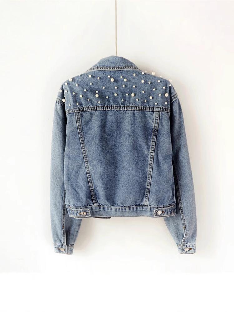Women's Beaded Pearl Short Denim Jacket - Loose Fit for Spring/Autumn 2025
