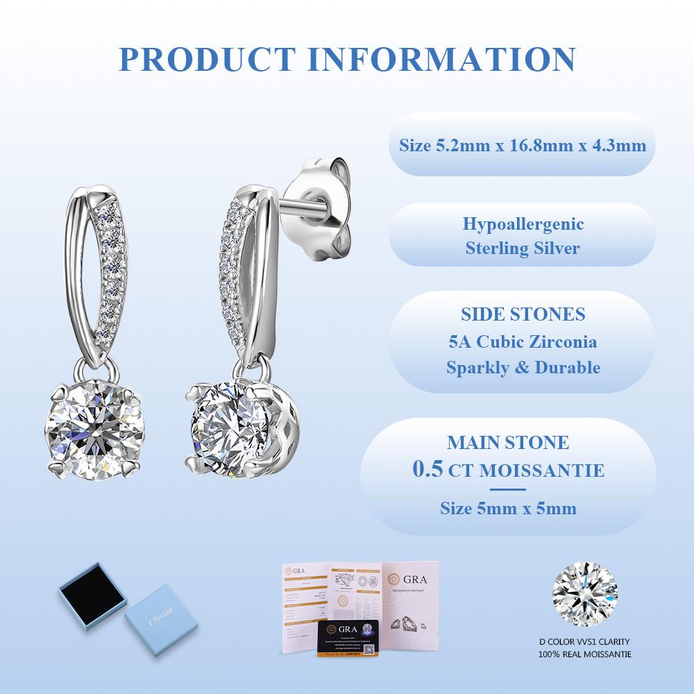 5.0mm D VVS1 Moissanite Classic Drop Earrings with GRA Certificate 925 Sterling Silver Jewelry for Women Wedding Gifts