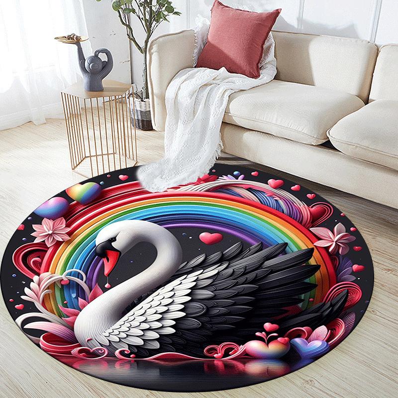 1pc Soft, Absorbent & Non Slip Rainbow and White Swan Round Rug Soft Circle Rug for Living Room & Bedroom Decor, Chair Mats, and Unforgettab