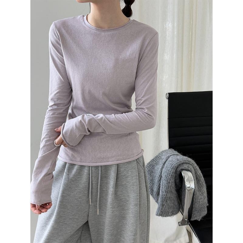 Luxi Korean Style Versatile Rolled Edge Round Neck Bottoming Shirt for Women Autumn New Long-sleeved Inner Slim Fit Top