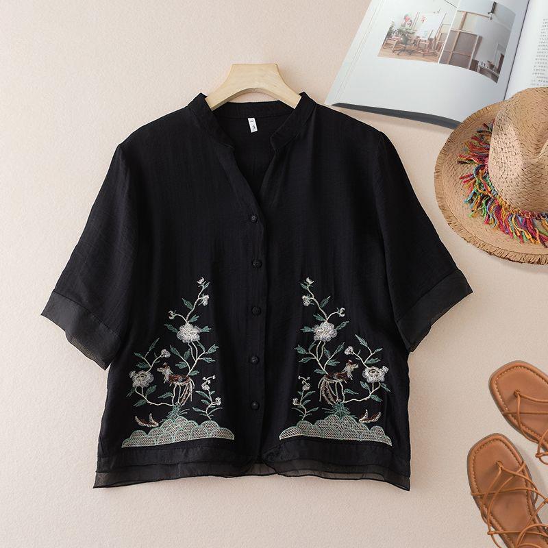 

Cotton and linen embroidered short-sleeved shirt top summer new ethnic style literary and retro V-neck design women s clothing 3XL чорний