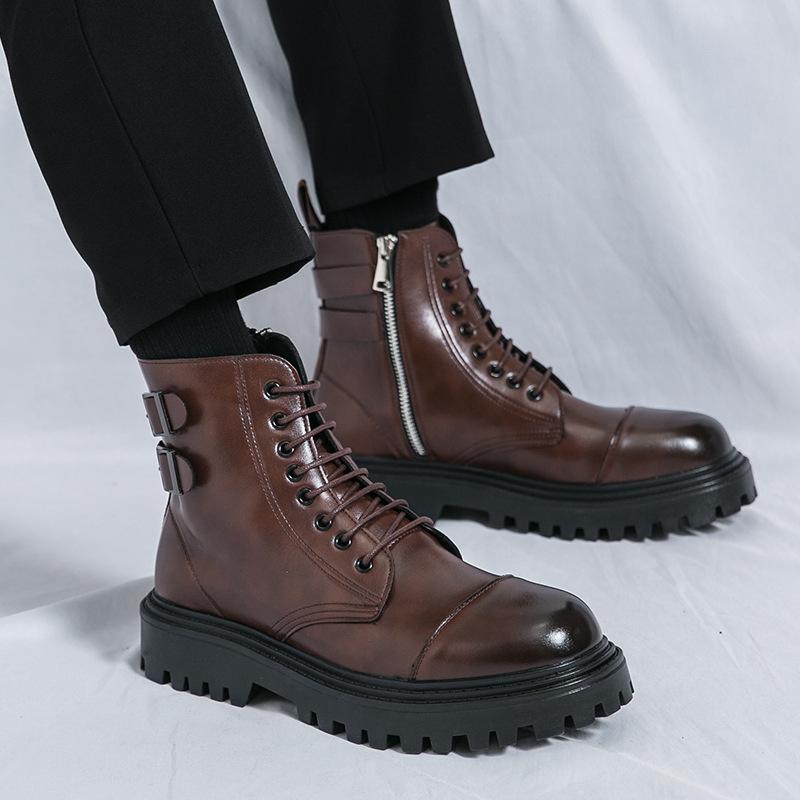 Martin boots spring and autumn breathable British style booster boots black zipper high top leather shoes locomotive boots
