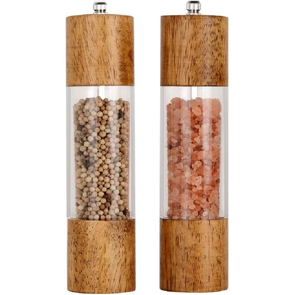 Premium Acrylic Salt and Pepper Grinder Set, Manual Salt and Pepper Mills- Wooden Shakers with Adjustable Ceramic Core-Salt Grinder and Pepper Mill