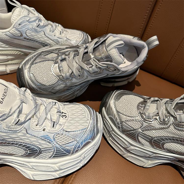 Buty sportowe letnie srebrne grube dno buty pops damskie buty zwiększające wzrost oddychająca siateczka cienkie modele wygodne klasyczne codzienne trampki