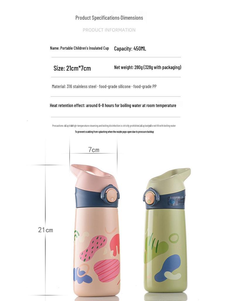 Children's Stainless Steel Insulated Straw Cup - Cute Cartoon Design for Kindergarten and Student Use