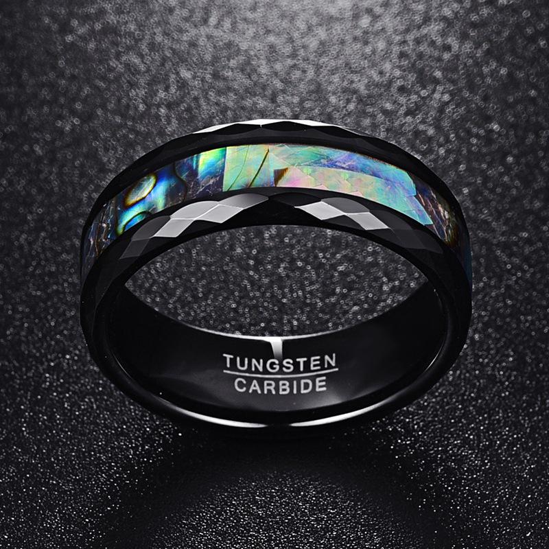 Men's 8MM Black Rose Gold Tungsten Ring with Faceted Abalone Inlay