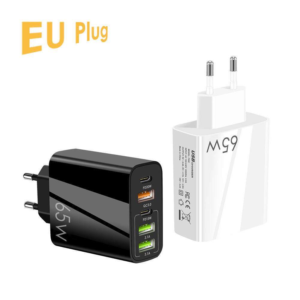 Dual Type-C & Triple USB Multi-Port Charger QC3.0 + PD, 65W Fast Charger for Mobile Phone.
