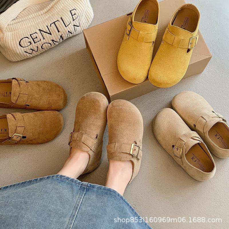 Retro Matte Borken Shoes Women's 2025 Autumn New Flat-bottomed Buckle Casual Inner Height Increase One-pedal Loafers Women