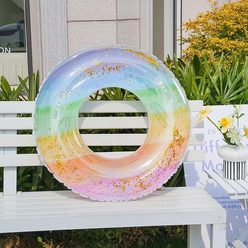 ZOUZJUN Inflatable Ring 90CM # Handleless Cute Rainbow Inflatable Ring for Adults Large Translucent Colored Float Glitter Swimming Sea Pool Beach