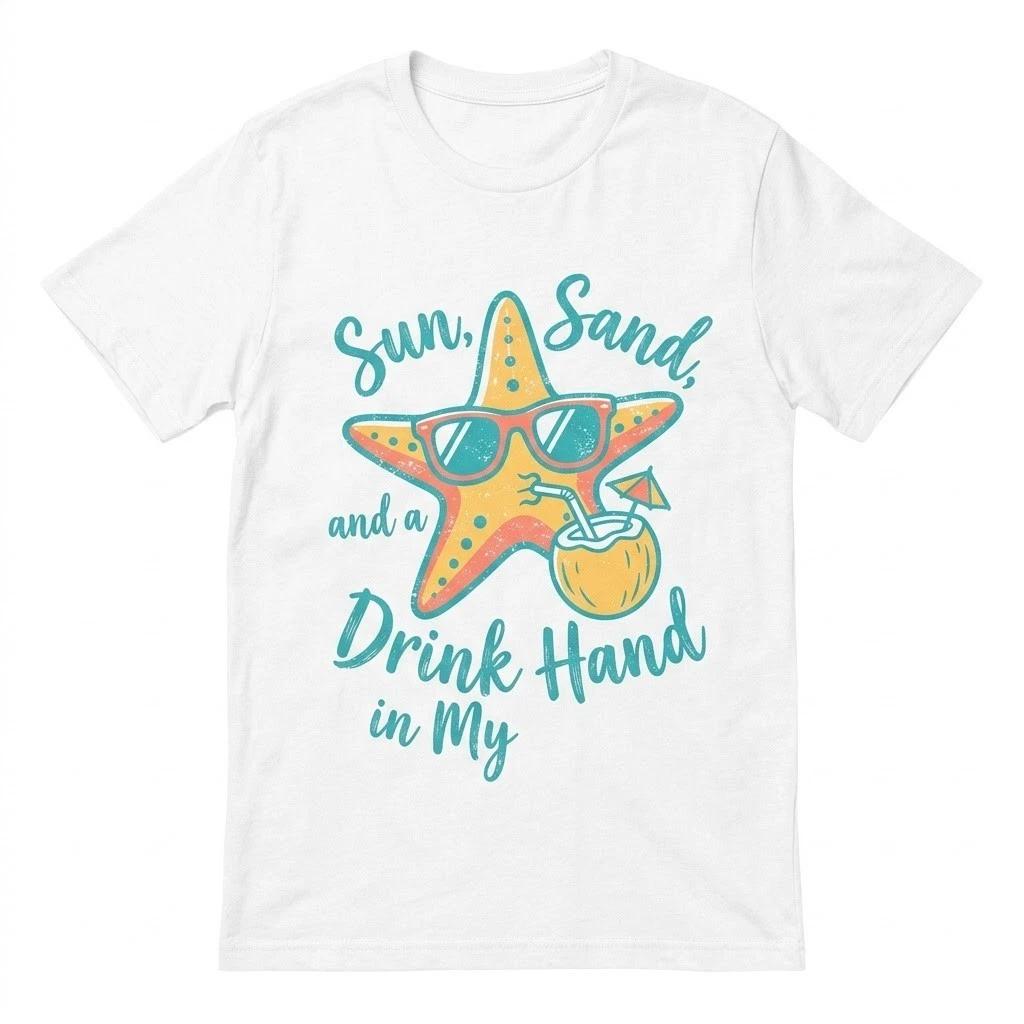 Sun, Sand, and a Drink in My Hand T-Shirt - Funny Starfish Beach Tee XXXXL