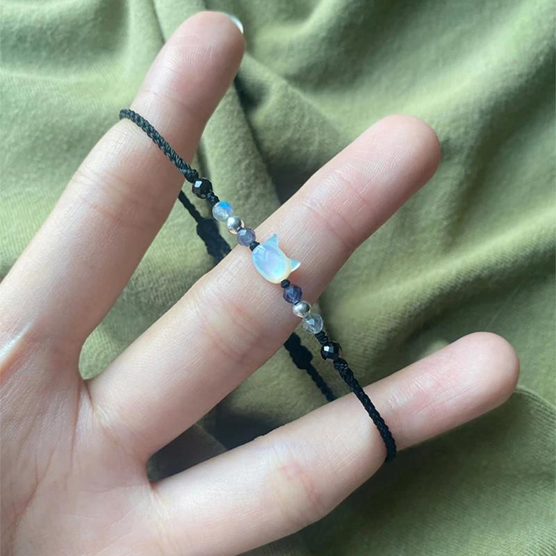 2025 Handmade Black Rope Bracelet Lovers Friends Natural Moonstone Cat Obsidian Charms Adjustable Bracelets Party Jewelry Gifts