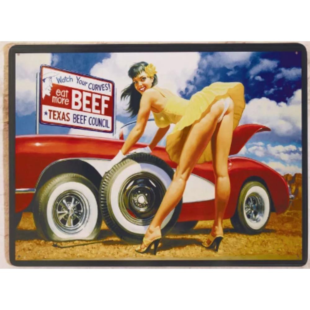Tin Plate Pin-up Girl and Car, 20x30 Cm