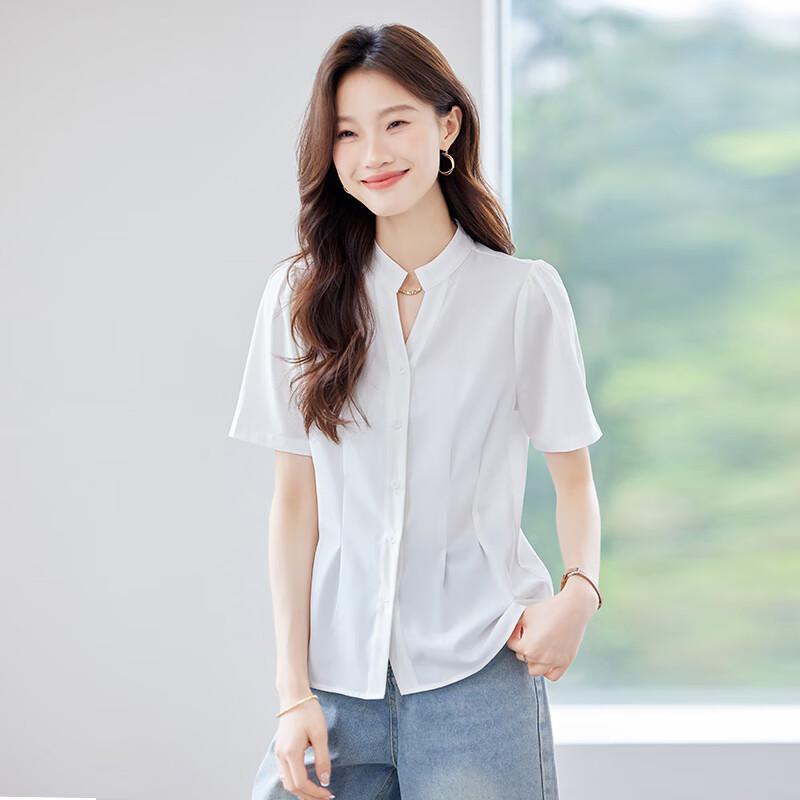 Teluoman Women's Elegant V-Neck Chiffon Short-Sleeve Blouse
