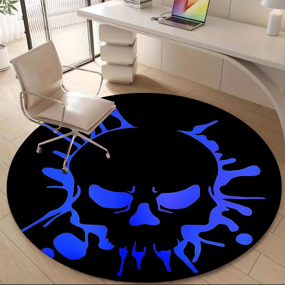 1pc Skull Blue Office Round Area Rug, Under Office Chairs Bedroom Living Room Home Decor, Room Deco