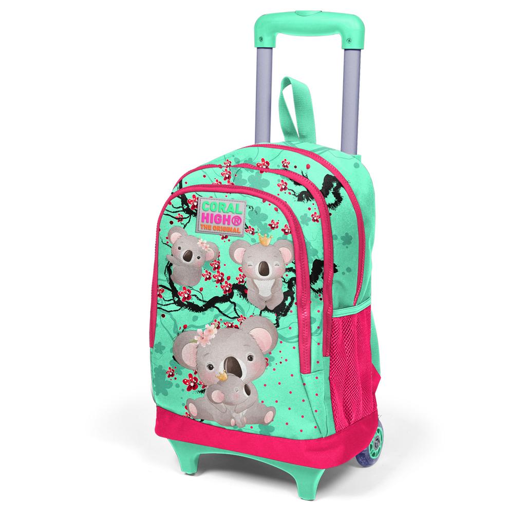 Coral High Kinder-Schulrucksack mit drei Fächern, Wassergrün, Neonkoralle, Koala-Muster, 23913