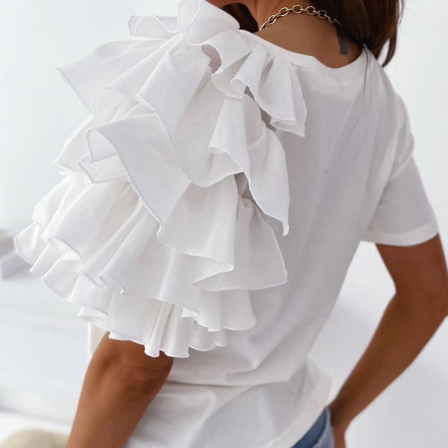Summer Simple and Fashionable Ruffled Short-sleeved Round Neck Ladies T-shirt