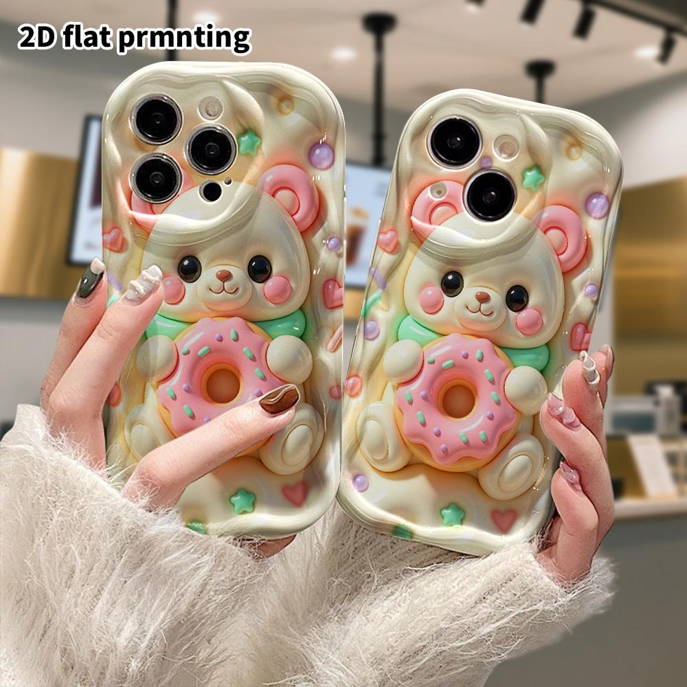 Phone Case: 2D flat design suitable for iPhone 18 17 16 15 14 13 Pro protective case, featuring a cute bear hugging a donut, perfect Christmas and Hal
