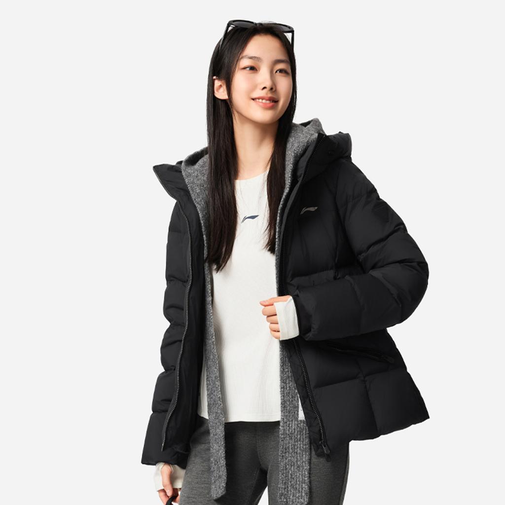 Li Ning Hot Pot Down Jacket Series Fitness Series Hooded Simple Slim Solid Color Versatile Long Sleeve Short Down Jacket Women Jacket AYMV400-2