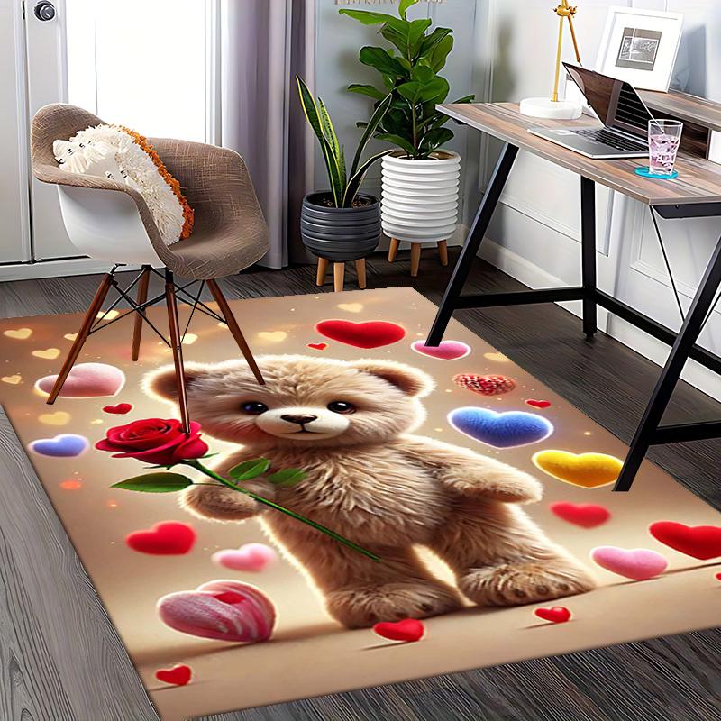 1pc Teddy Bear with Rose Chair Mat - Anime Cartoon Design, Valentine's Day Gift, Non-Slip Carpet for Office and Home Decor.C001