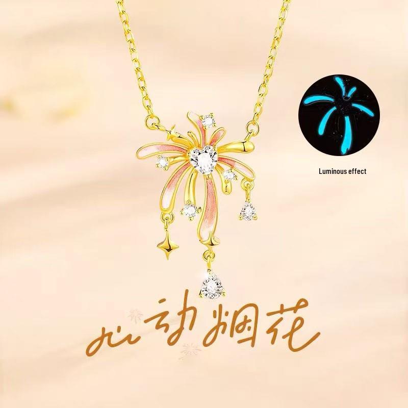 Heartbeat Fireworks Sterling Silver Necklace: Elegant High-End Enamel Luminous Pendant, Women s Light Luxury Jewelry, Perfect Birthday Gift. 925 Sterling Silver
