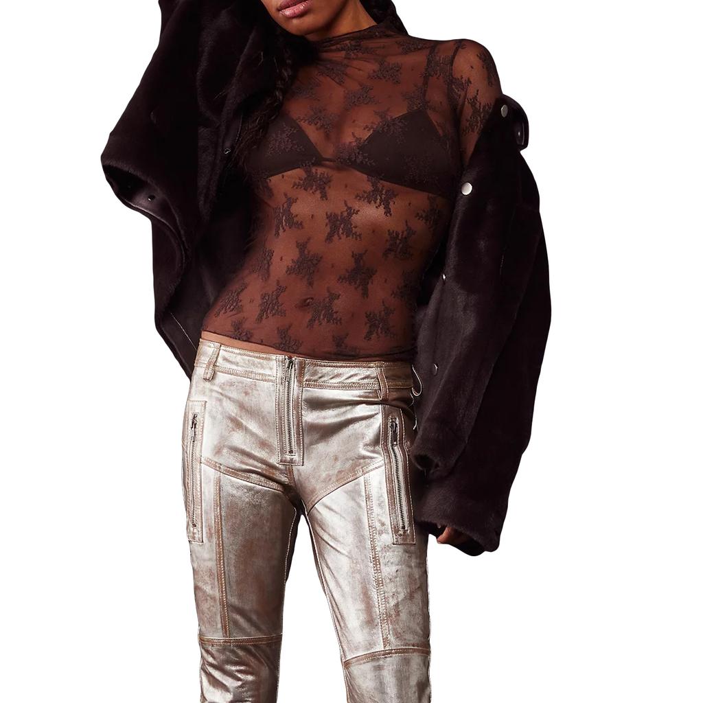 Women Long Sleeve T-Shirts Mesh See-Through Mock Neck Lace Shirts Spring Fall Slim Fit Tops Streetwear
