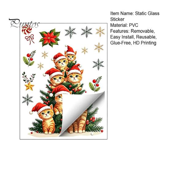 Reusable Glass Stickers Christmas Static Window Clings, Orange Cat Tree Stickers, Santa Hat Kitten Party Supplies Xmas Decals, Festive Holiday