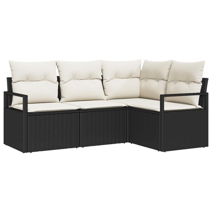 Ensemble de canapé de jardin 4 pièces avec coussins noir poly rattan, Canapé de jardin 2 places avec coussins noir poly 3346357