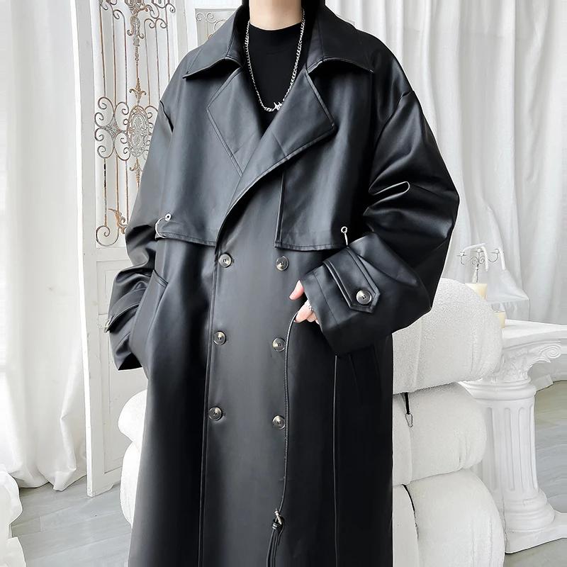 Autumn Men Long Black Pu Leather Jacket Men Oversized Cool Trench Coat Men Windbreaker Streetwear Double Breasted Luxury Clothes