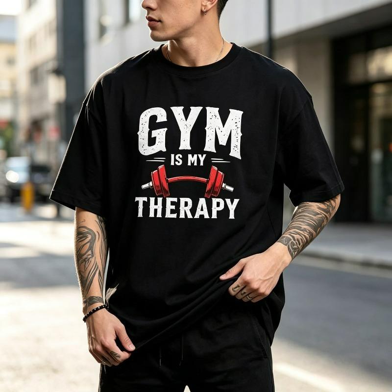Gym Is My Therapy Tshirt For Unisex Fitness Dumbbell Print Casual Streetwear Sports Short Sleeve Tee