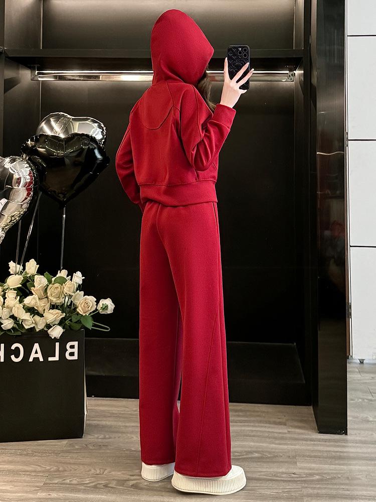 Stylish Red Hooded Zipper Hoodie & Wide-Leg Pants Set for Women, Autumn/Winter, Perfect for Chinese New Year.