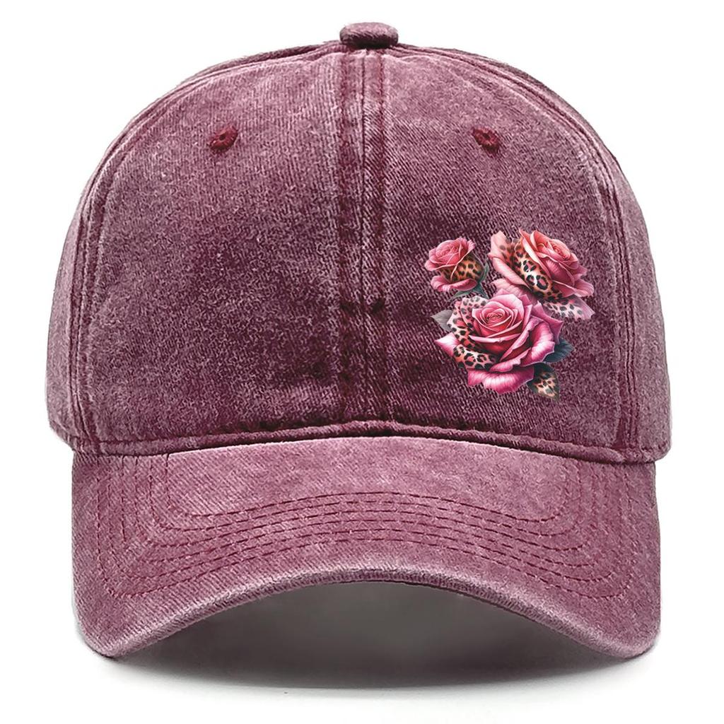 Leopard Rose Print Adjustable Sun Hat, Flower Woman's Cap Raw Brim Stylish Unisex Non-Stretch Fabric Snapback Baseball Hat