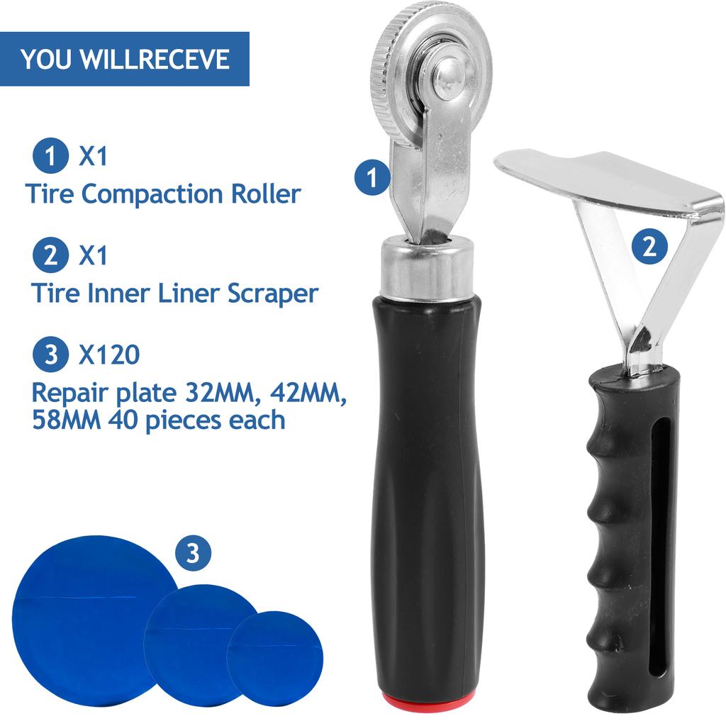 32/42/58mm Tire Repair Patch Tool Kit Tire Patch Roller with Roller Scraper Professional Portable Heavy Duty Tire Tube Patch Kit