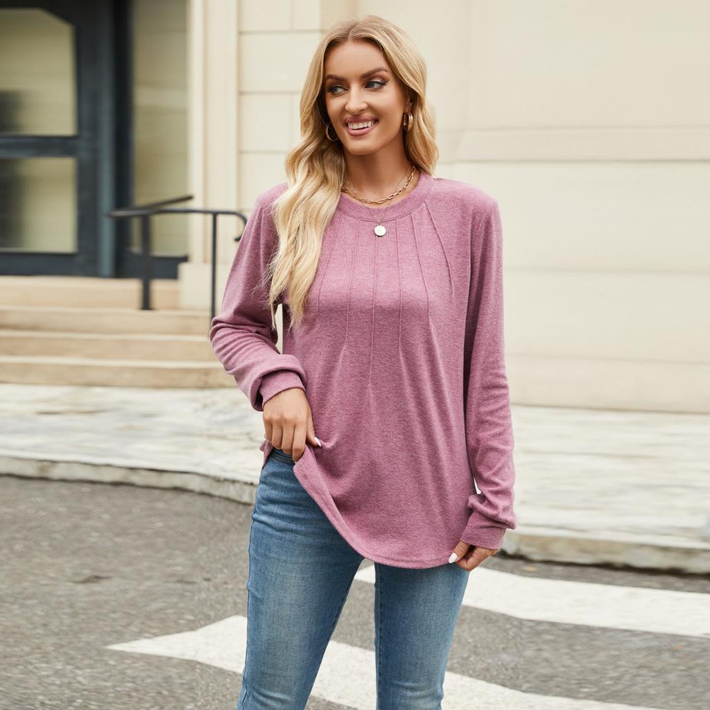 Fall Winter New Women's Solid Color Crew Neck Loose Long Sleeve T-shirt Top For Cross-border Trade
