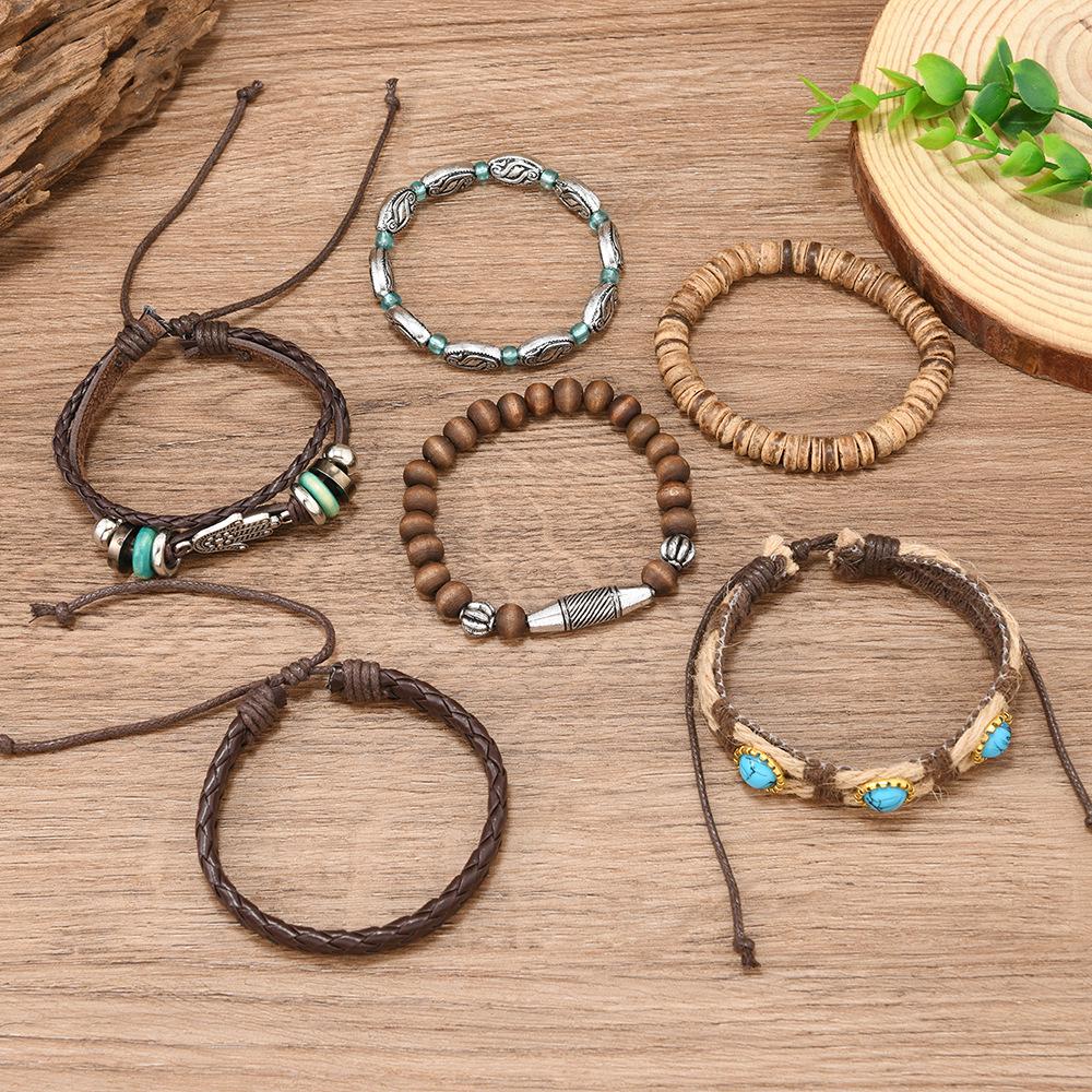 Bohemian Style Multi-Layer Beaded Leather & Coconut Shell Men's Bracelet Set (6 Pieces)