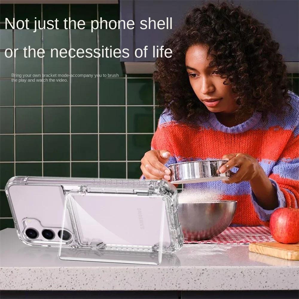Transparent Flip Phone Case For Samsung Galaxy S24 Ultra S23 Plus + Crystal Clear Card Slot Holder Bracket Shockproof  Cover