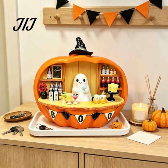 Halloween Pumpkin Bar Ornament Counter Figurine, Cute Ghost Bartender Mini Spooky Tabletop Figurine Scene Statue, Desktop for Home Party Display