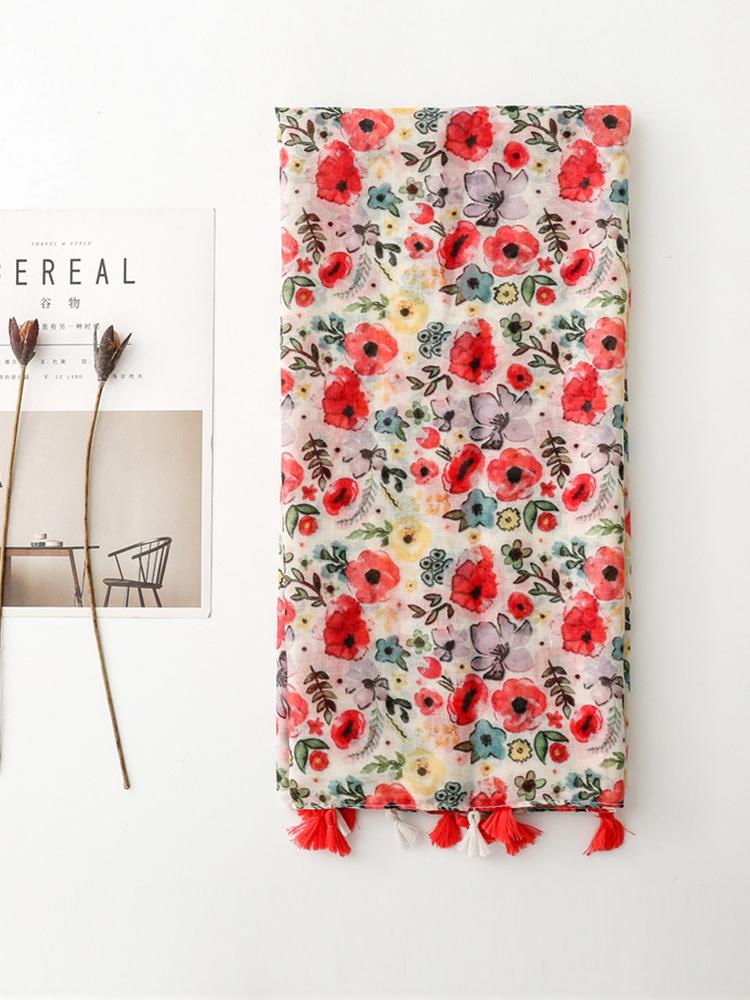 New Elegant Women Silk Scarf Beach Wrap Shawl Lady Sweet Boho Pink Floral Print Femme Hijab Bandana Mujer Vacation Scarve Pareo