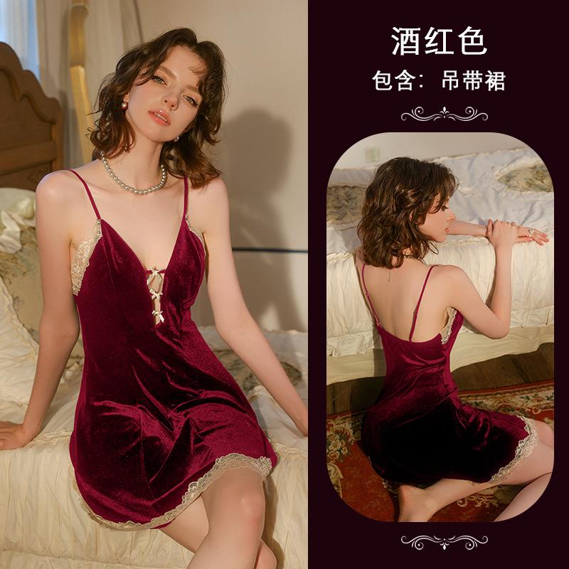French light luxury gold velvet lace trimmed suspender nightdress set strapped nightgown sexy pajamas loungewear 777 S