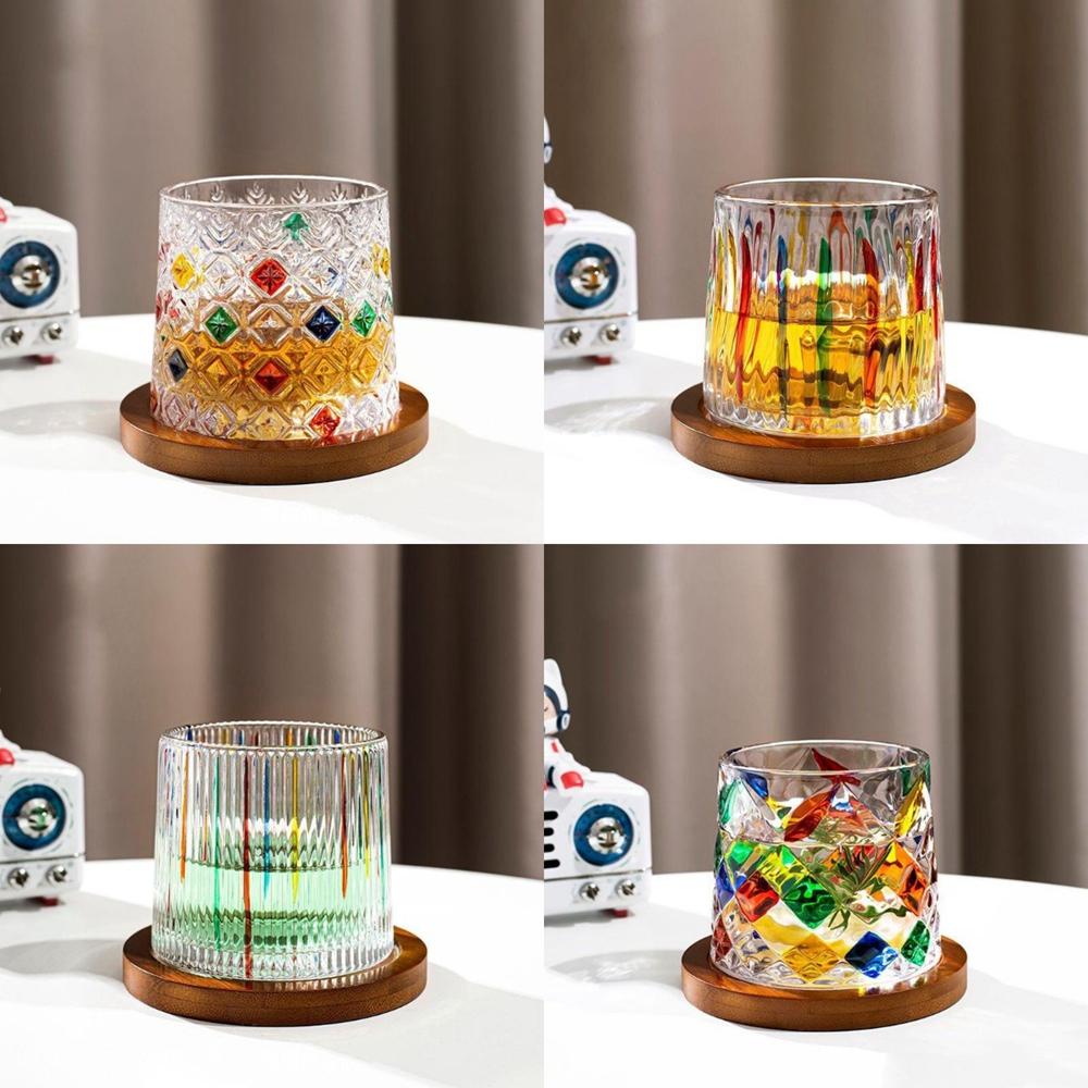275ml Rotating Whisky Glass Beer Scotch Bourbon Crystal Tumbler with Coaster Color Crystal Glass Cup Thick Glass Gift Hand Paint