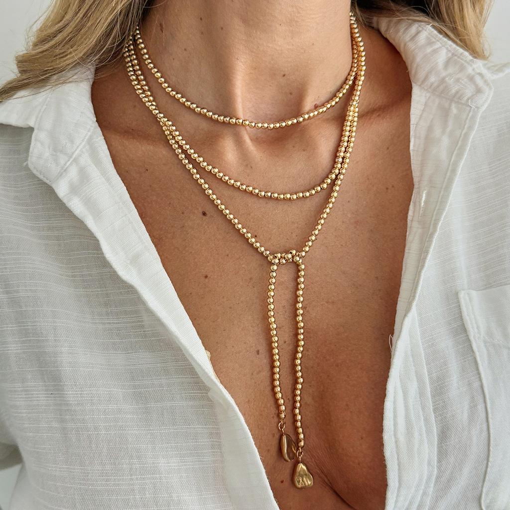 Perlen-Crinkle-Schichtkettenhalskette für Damen, Vergoldete stapelbare lange Kette, Zierlicher Schmuck als Geschenk